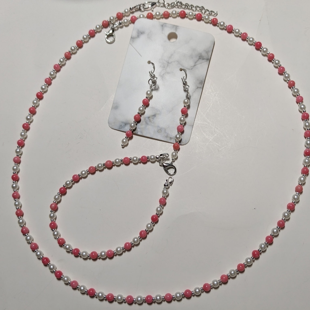 Handmade Pink Coral and Pearl necklace, bracelet & earrings set.